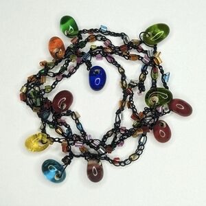 Vintage Rainbow Glass Bulb Bead Black Thread Crochet Chain Necklace No Clasp